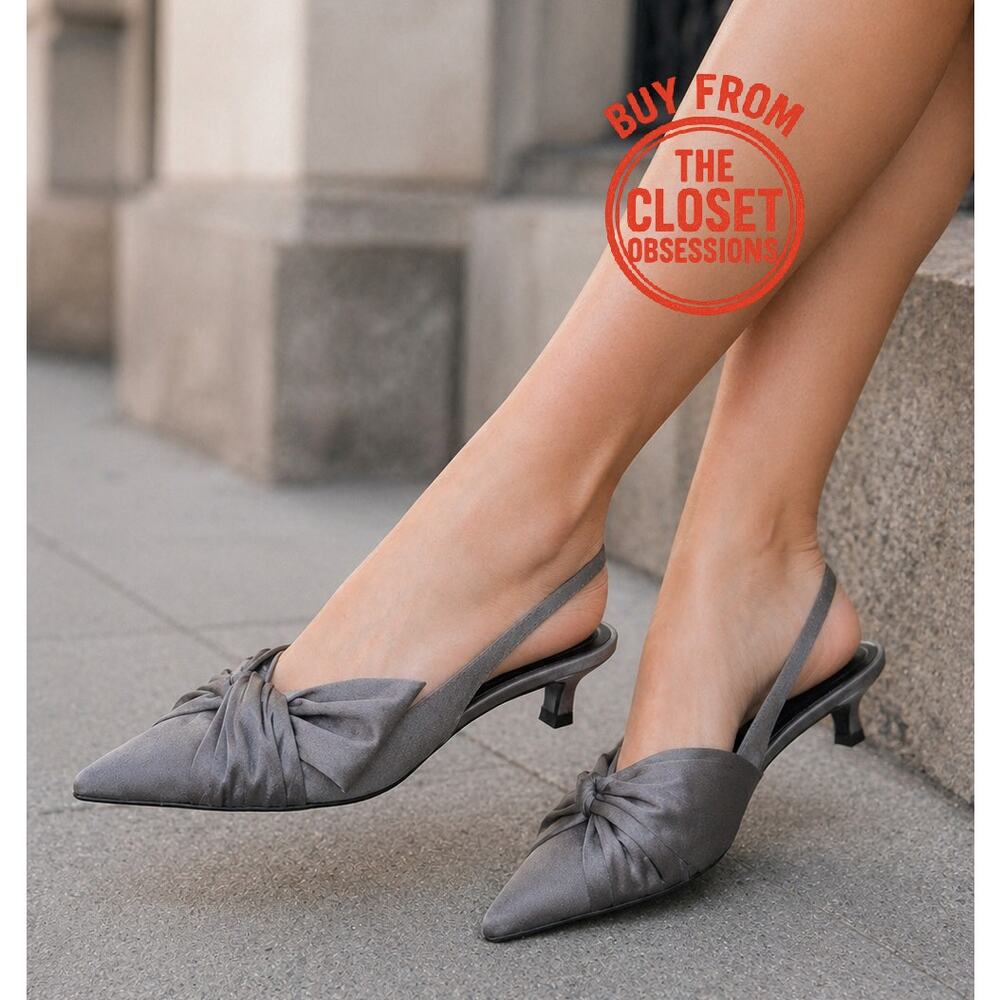 Zara Pointed Toe Slingback Kitten Heels Gray Satin Knot Detail Size 8 NWT